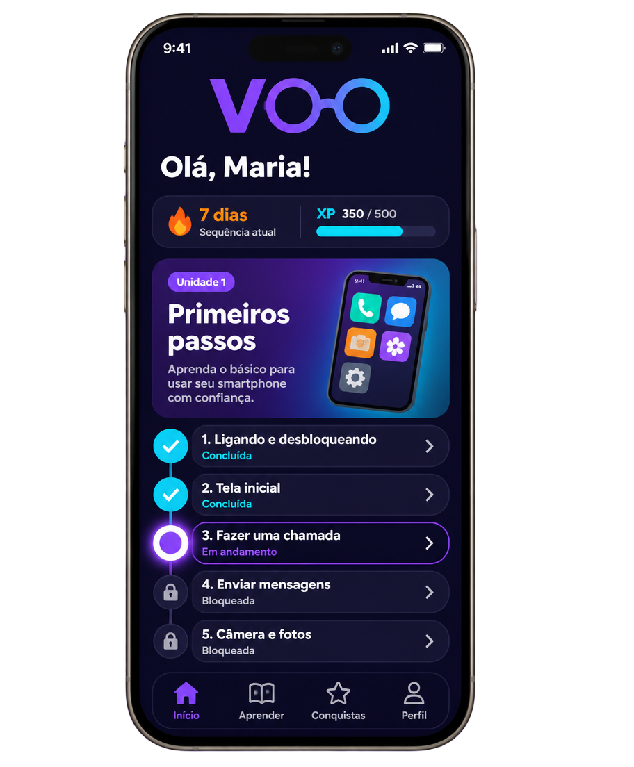 Tela do aplicativo Voo com o mascote, unidade Primeiros passos e a trilha de lições